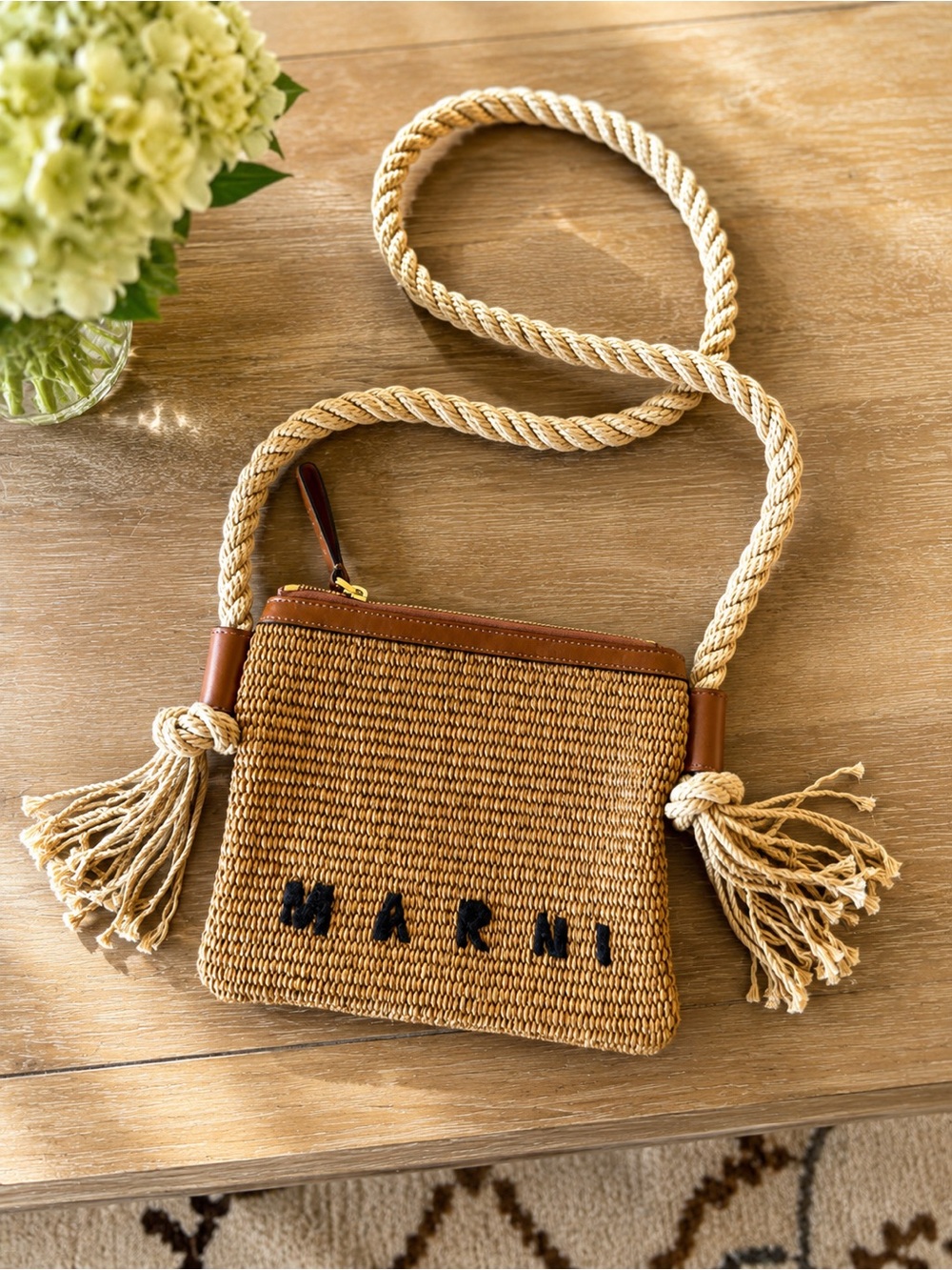 Marni Tan Straw Crossbody Bag with Rope Strap and Tassels